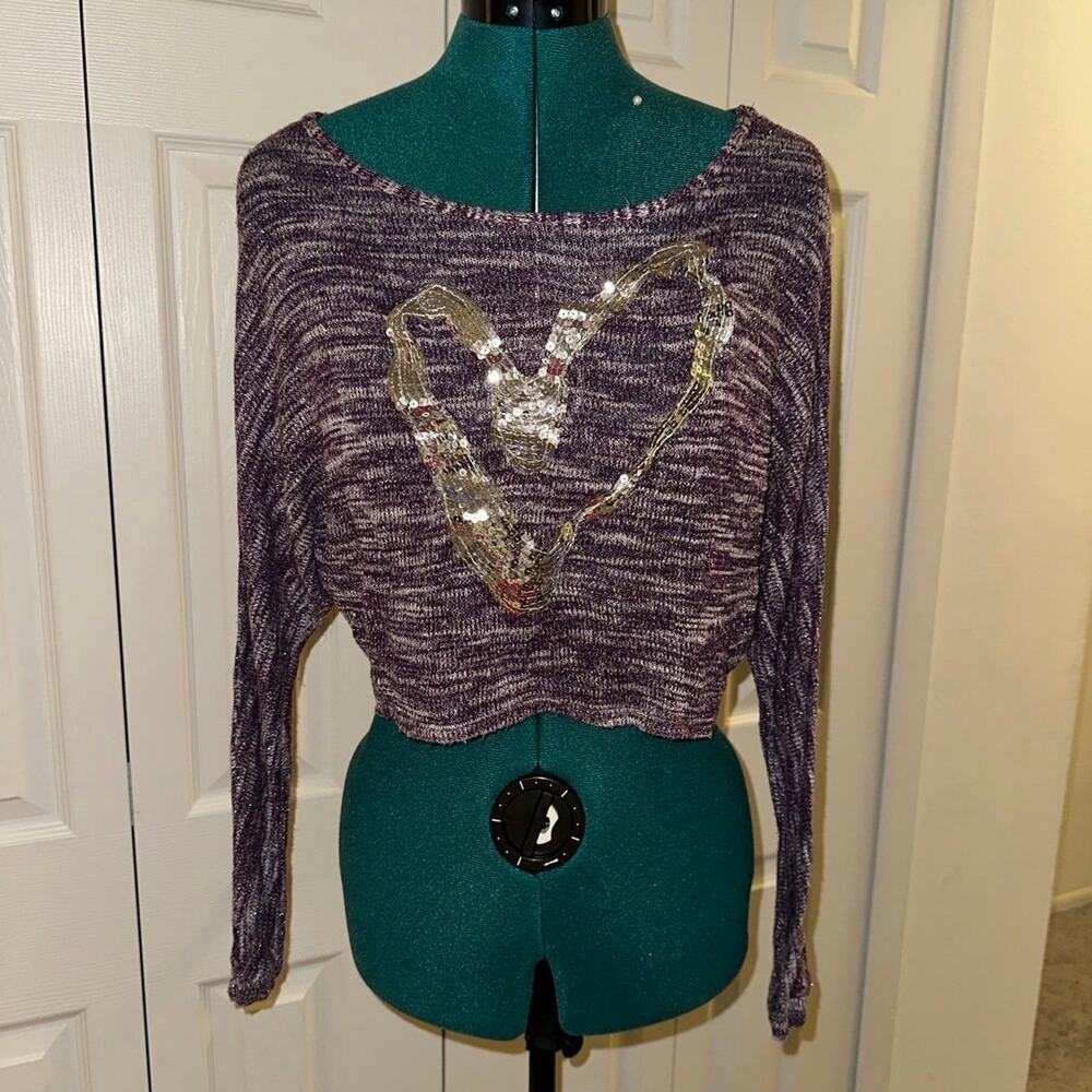 Purple Crop Sweater Top Sequined Heart